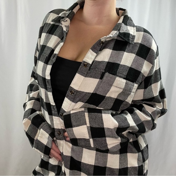 Free Press Large Buffalo Plaid Flannel Tunic Longline Button Down Shirt Chore - Picture 10 of 10